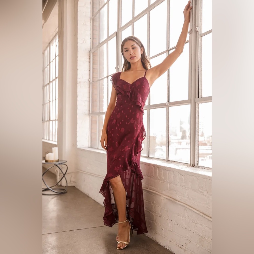 Lulu’s Forever Be Burgundy Floral Jacquard Ruffled Maxi Dress